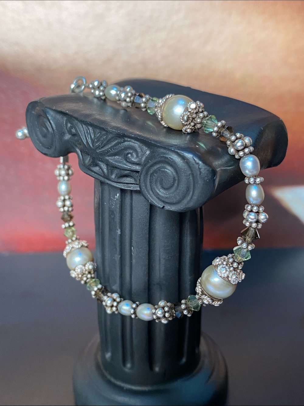 🍇 Silver 925 Toggle Freshwater Baroque Style Pearls, Crystal Accent Bracelet